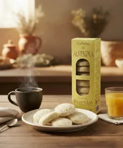 galletas de almendra sin gluten ecológicas en caja y en plato junto a cafe y zumo