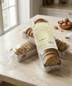3 paquetes de galletas de arroz integral y nueces ecológicas envasadas sobre una mesa de madera