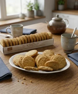 1 paquete de galletas de arroz integral y nueces ecológicas de Biogredos, un plato con galletas a granel en una mesa junto a 2 tazas de té y una tetera