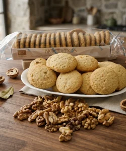 1 paquete de galletas de arroz integral y nueces ecológicas de Biogredos, un plato con galletas a granel y varias nueces