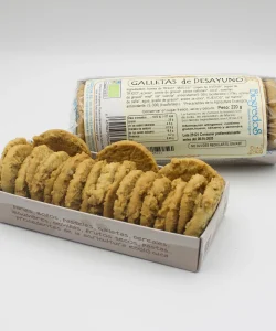 un paquete de galletas de desayuno ecológicas de 220 g. envasadas y una cajita con galletas sin envasar