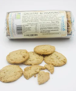 galletas de desayuno ecológicas de 220 g. envasadas y varias galletas ecológicas sobre la mesa