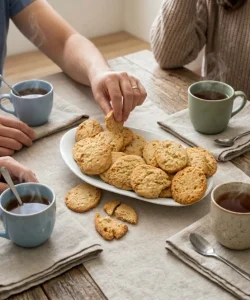 galletas de desayuno ecológicas de Biogredos en plato en una mesa donde hay 4 tazas de té