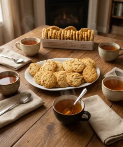 Un plato de galletas de desayuno ecológicas a granel de Biogredos en una mesa con varias tazas de té