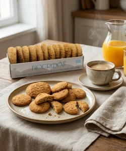 un paquete de galletas integrales de trigo espelta ecológicas y plato de galletas junto a una taza de cafe y un vaso de zumo de naranja