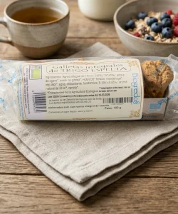 galletas integrales de trigo espelta ecológicas envasadas sobre una mesa de madera