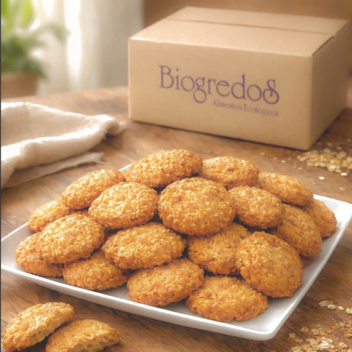 galletas de avena ecológicas en caja de 3 kilos y en un plato