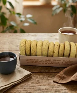 envase abierto de rosquilletas de costa con alga de wakame ecológicas envasadas y unas pocas sobre la mesa
