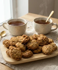 chialletas sin gluten y sin lactosa ecológicas en plato de madera junto a 2 tazas de té