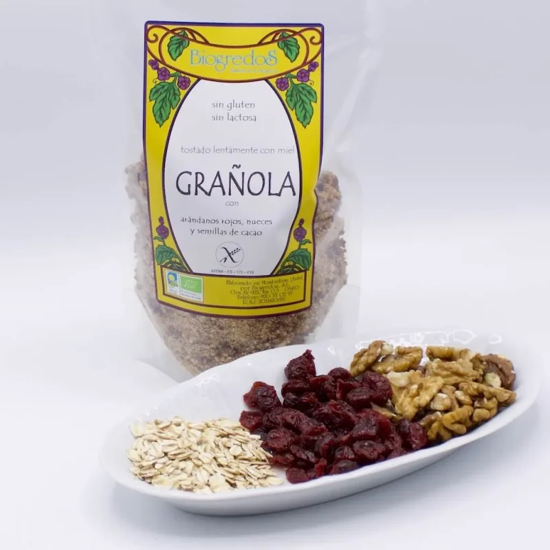 Grañola Sin Gluten de 400 gramos envasada y plato con ingredientes