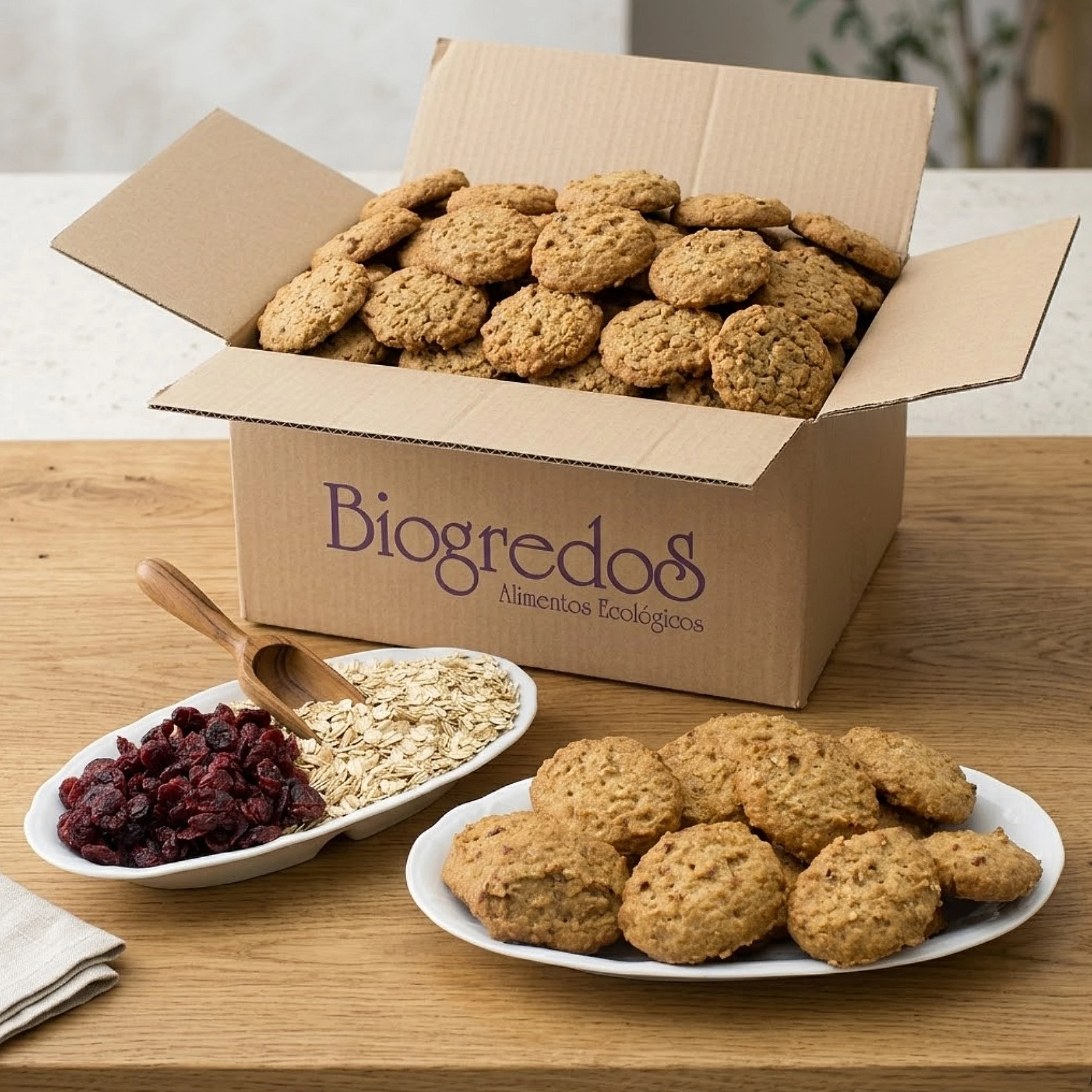 galletas de copos de avena y pasas 3 kilos ecológicas en plato y en caja a granel junto plato con pasas y copos de avena