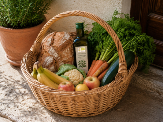 cesta con productos ecológicos verduras, fruta, aceite, pan...