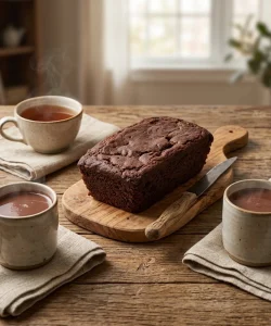 Un bizcocho de algarroba sin azúcar añadido eco sobre tabla de madera con tazas de chocolate y té alrededor