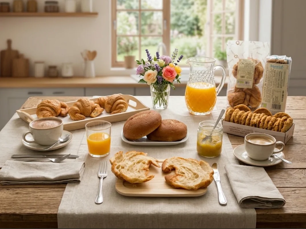 desayuno saludable donde hay cafe Cola-Cao zumo de naranja croissants suizos