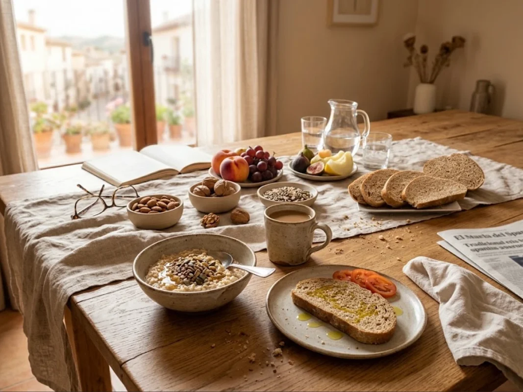 mesa desayunos ricos en fibra con alimentos saludables