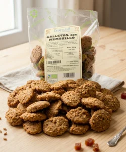 galletas con membrillo ecológicas Biogredos en bolsa reciclable y algunas a granel sobre la mesa