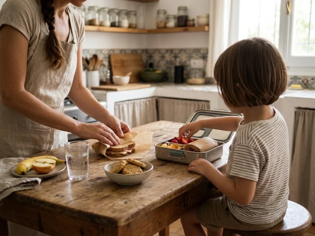 madre e hijo están preparando la merienda sin gluten para niños en la mesa de la cocina