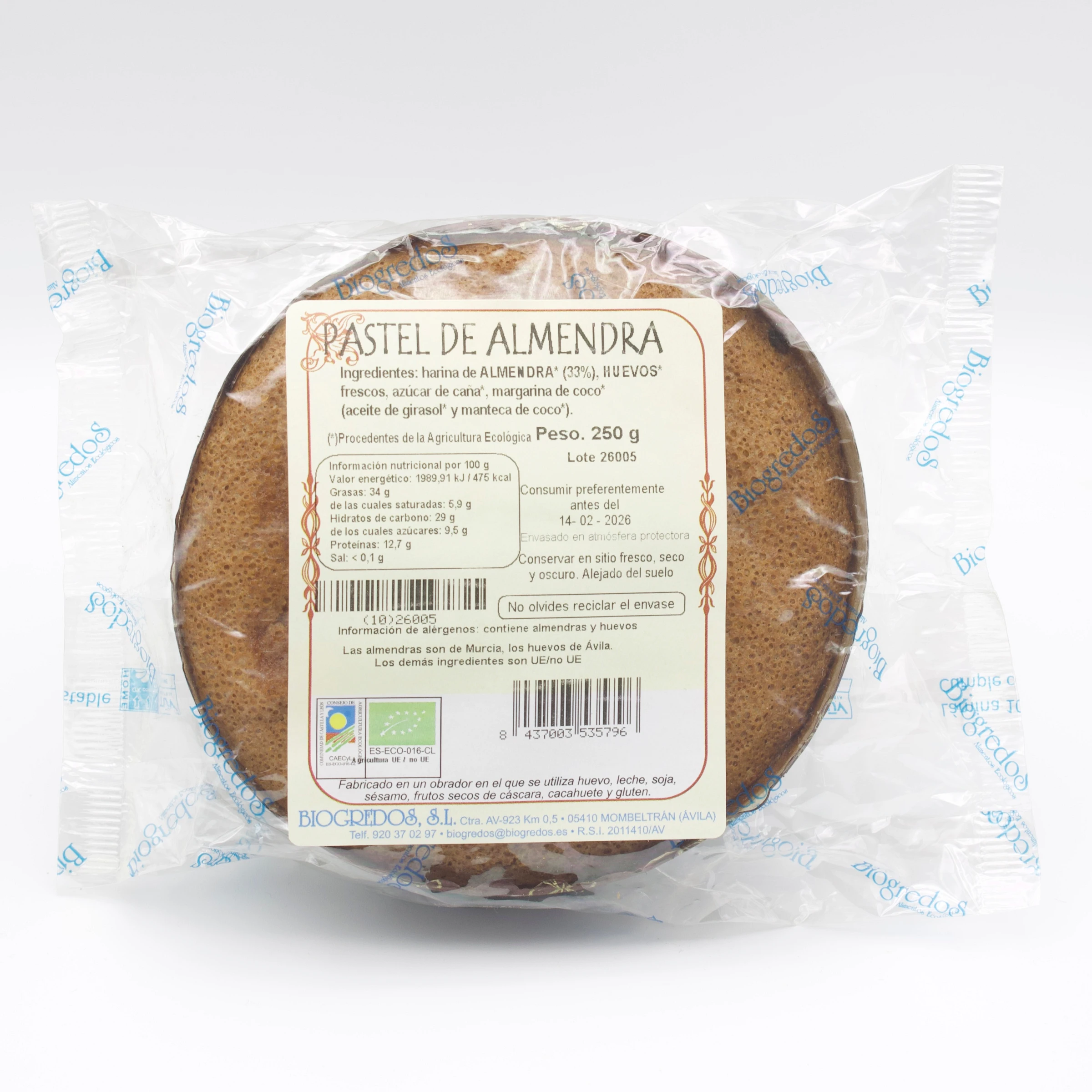 pastel de almendra ecológico envasado
