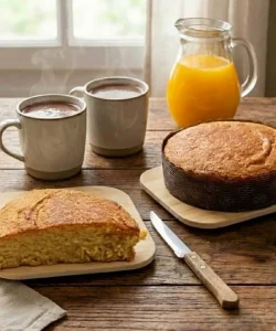 pastel de almendra ecológico y otro pastel cortado preparado para la merienda junto a tazas de chocolate y jarra de zumo