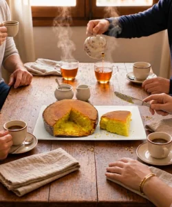 pastel de almendras ecológico Biogredos cortado en una mesa con varios comensales tomando café