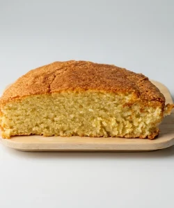 pastel de almendra ecológico Biogredos cortado por la mitad en plato de madera