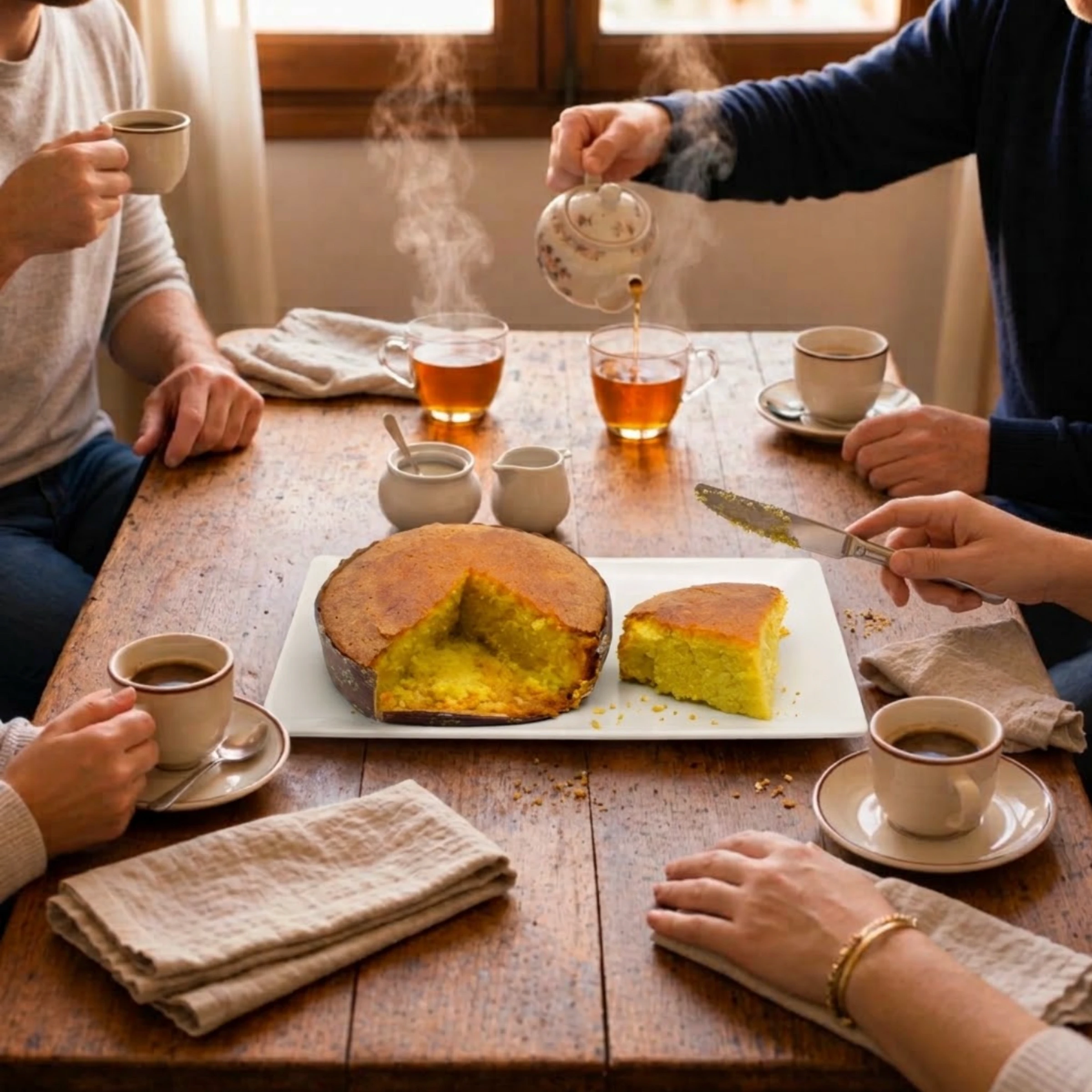 pastel de almendras ecológico Biogredos cortado en una mesa con varios comensales tomando café