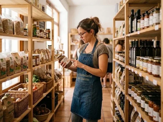 Profesional de un herbolario vigilando las tendencias de la alimentación ecológica en 2027 revisando las etiquetas de los productos ecológicos