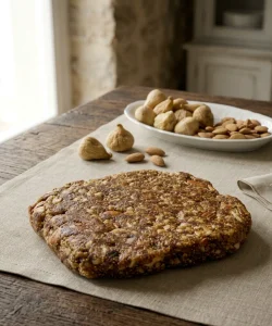 torta de higos con almendras ecológica sin envase sobre un mantel y junto a un plato con higos y almendras
