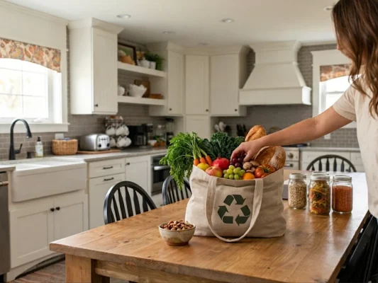 cocina con la cesta de la compra para una alimentación sostenible en la mesa