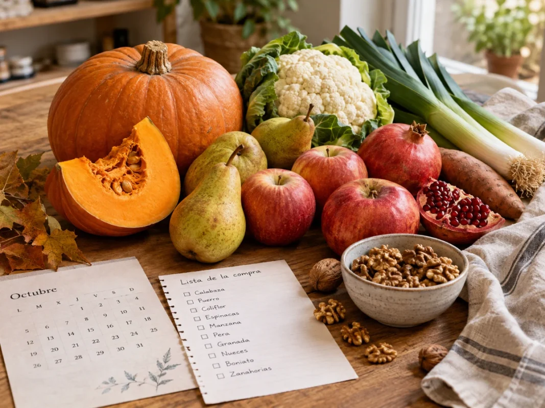 fruta y verdura de otoño en una mesa junto a lista de la compra