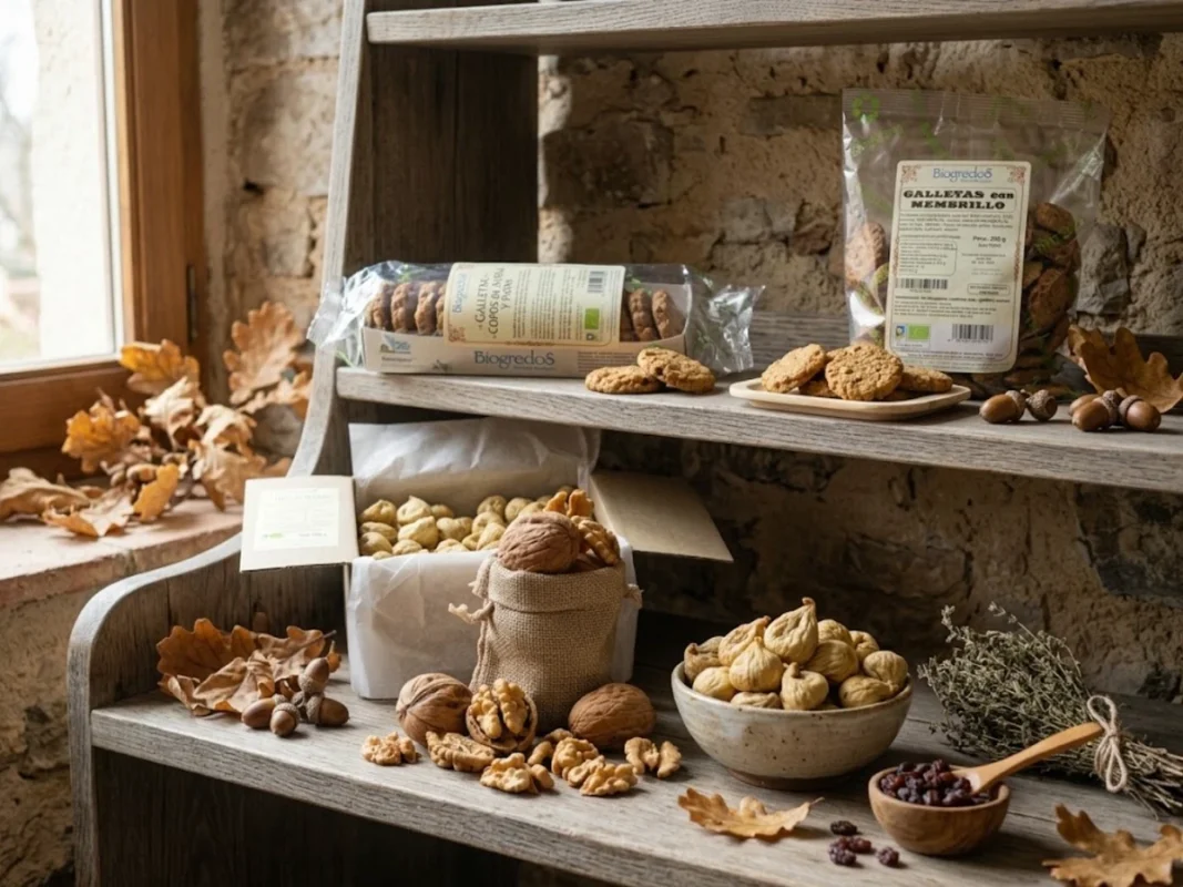 productos ecológicos de otoño de Biogredos, galletas, frutos secos ecológicos en estantería rústica
